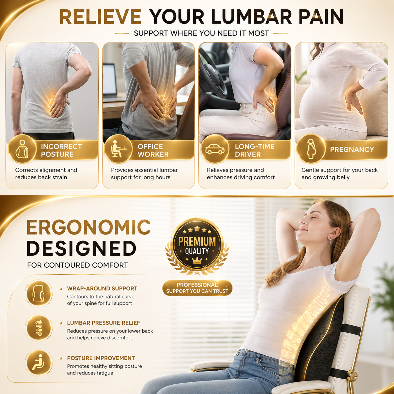 ProDrive Lumbar Support Cushion – Back Pain Relief for Car & Office